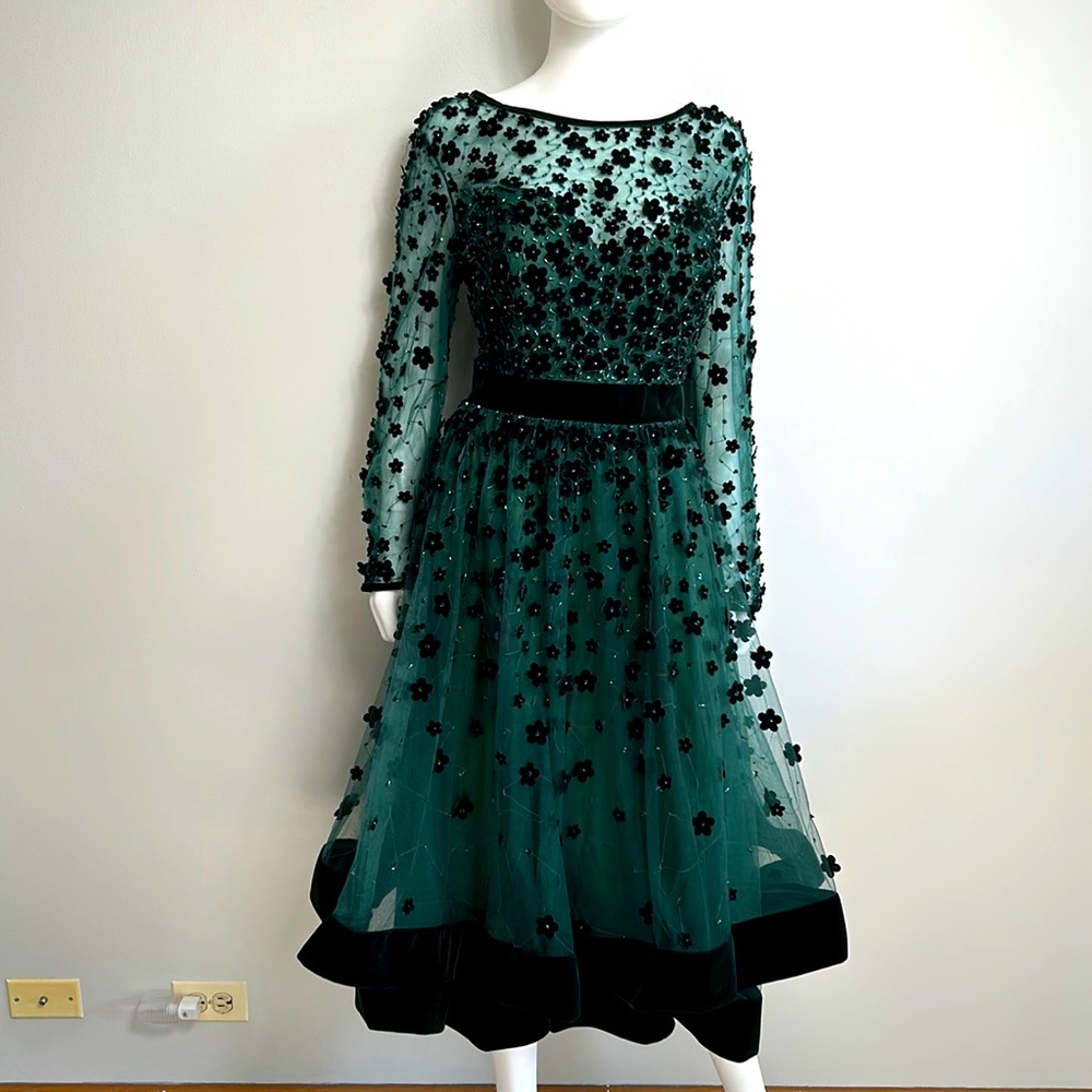 Mac Duggal Green Long Sleeve Dress with Black Floral Accents